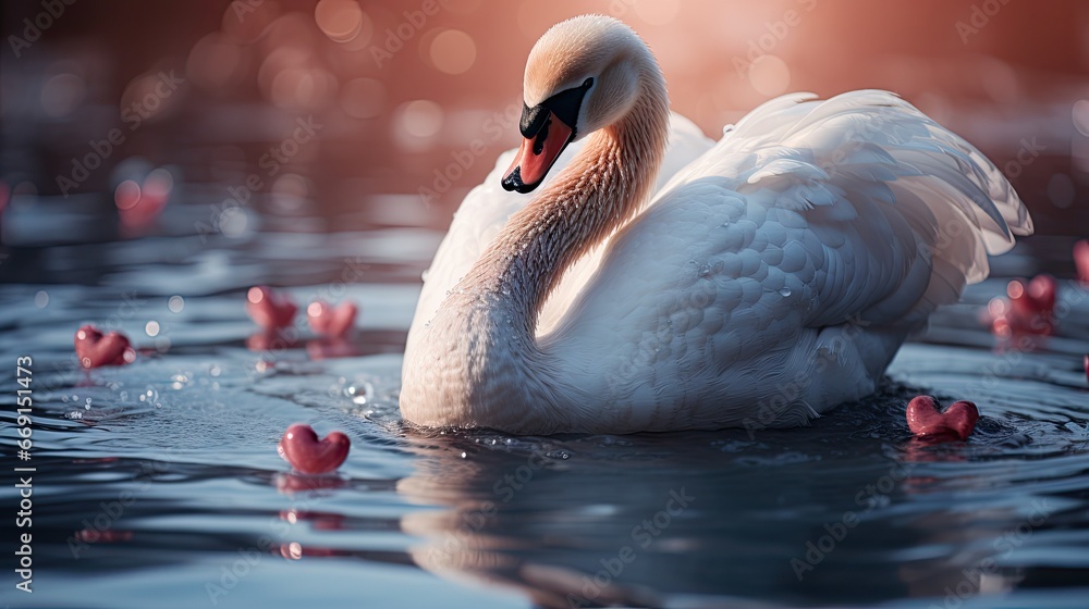 Poster a white swan floating on top of a body of water with hearts floating all over it's sides and a red h