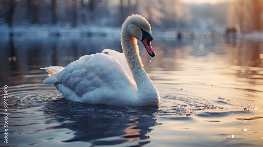 Poster a white swan floating on top of a lake next to a forest filled with trees and a sun shining down on 