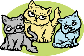 Cute cats friends sitting together. Decorative border, banner, postcard, poster print for kids room or birthday. Logo design for veterinary. Hand drawn illustration. Cartoon character vector drawing.
