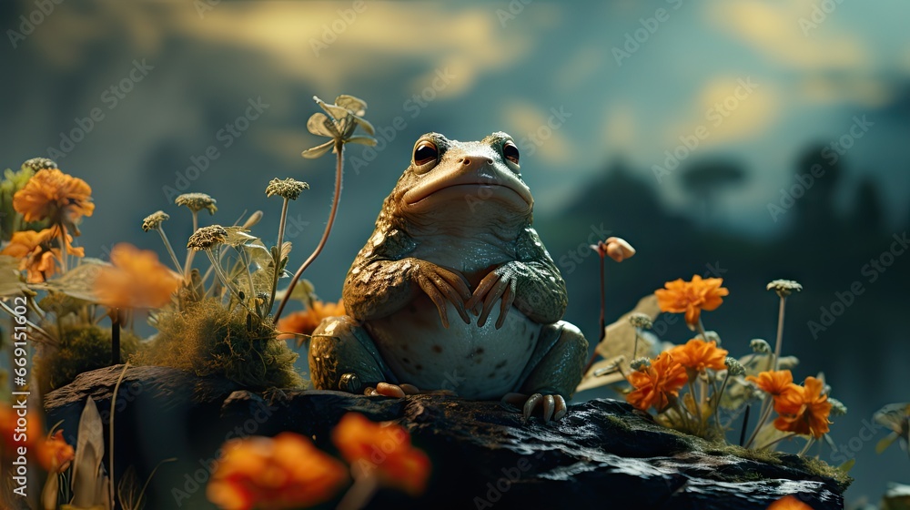 Poster a frog sitting on top of a rock in a field of wildflowers with a full moon in the sky in the backgro