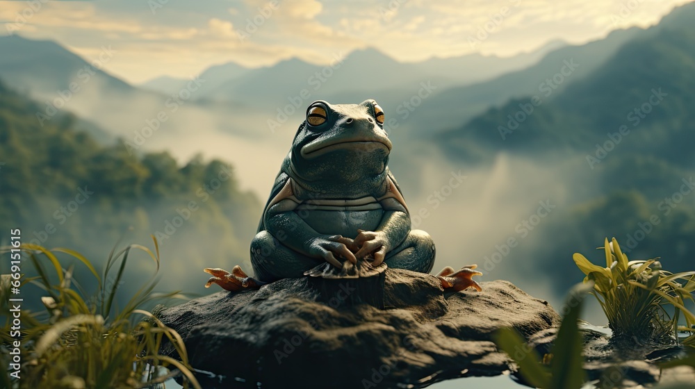 Poster a frog sitting on top of a rock next to a body of water in the middle of a mountain range with fog i