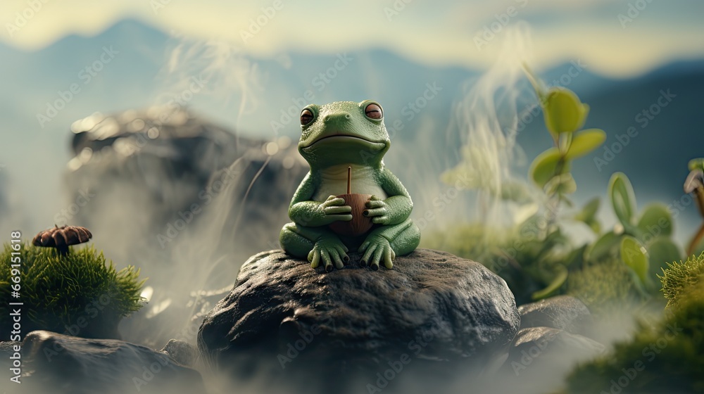 Poster a frog sitting on top of a rock in the middle of a field with grass and mushrooms in front of a blue