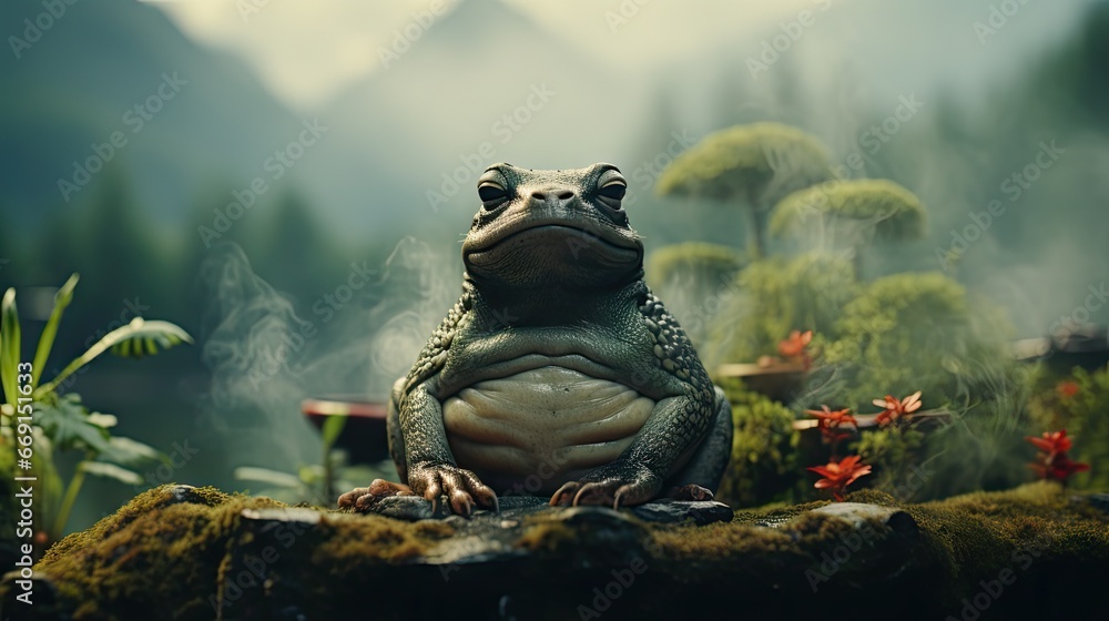 Poster a frog is sitting on a rock in the middle of a forest with mountains in the background and flowers i