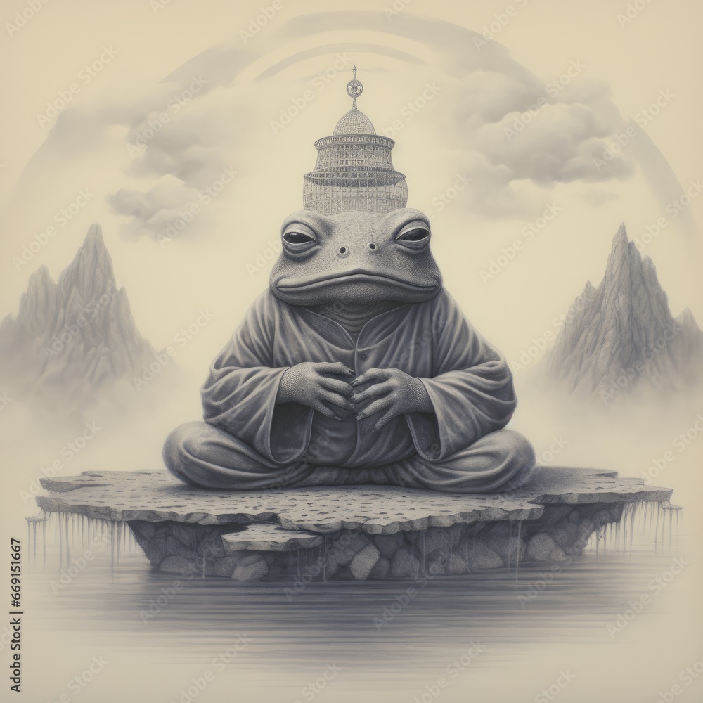 Poster a drawing of a frog sitting on top of a piece of paper with a building on it's head in the middle of