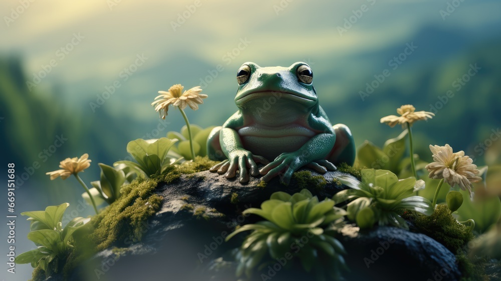 Poster a frog sitting on top of a rock in a field of grass and daisies with a blurry background of trees an