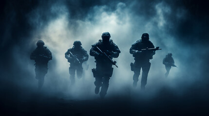 Soldiers with weapons in hands running through billowing smoke screen in tactical capture mission, soldiers silhouettes against dark backdrop embody teamwork courage and valor in face of danger