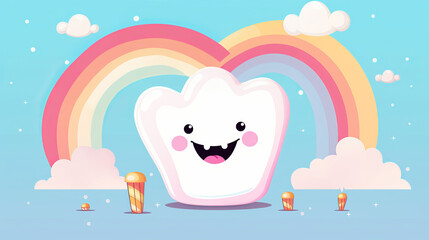 Joyful smiling tooth with cheerful eyes and mouth against vibrant backdrop radiates health and happiness, child friendly dental illustration symbolizes importance of dental health in kid friendly way