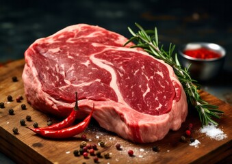 Obraz premium Tasty fresh raw rib eye beef steak with pepper and herbs on a wooden background in a butcher shop