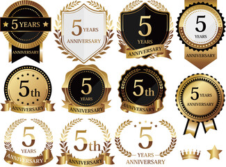 高級感のある5周年記念のエンブレムセット　ゴールド