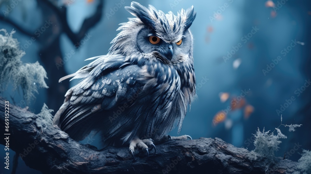 Poster an owl sitting on top of a tree branch in front of a forest filled with lots of leaves and a bird wi