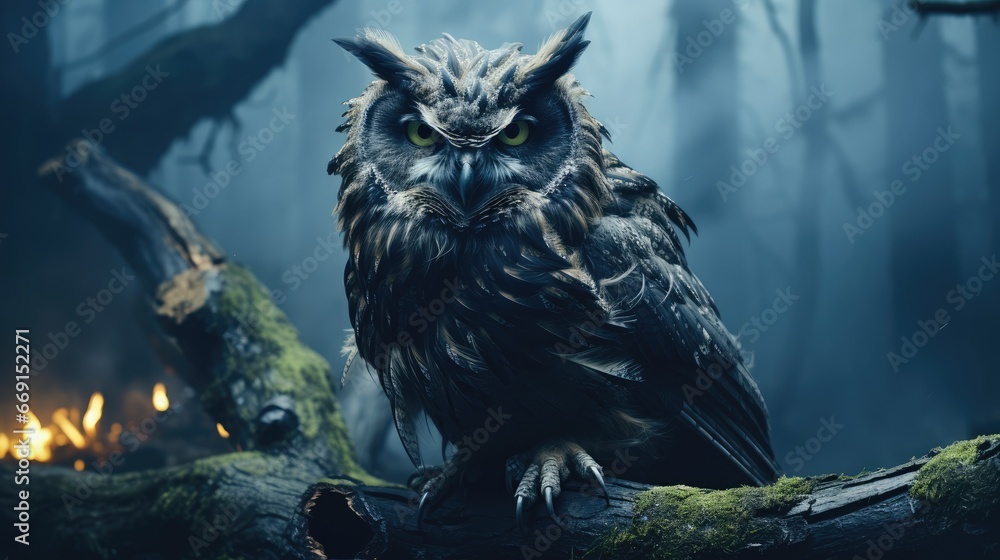 Poster an owl sitting on top of a tree branch in the middle of a forest with a fire in the middle of the fo