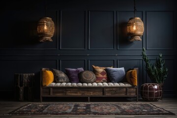 A living room with velvet sofa, Moroccan poufs, kilim pillows. Moroccan Inspired Living Room - obrazy, fototapety, plakaty