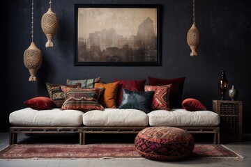 A living room with velvet sofa, Moroccan poufs, kilim pillows. Moroccan Inspired Living Room