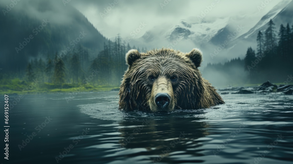 Poster a bear swimming in a body of water with a mountain range in the backgrouf of the picture in the back