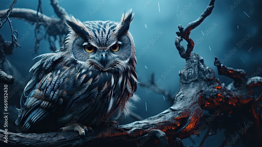 Aufkleber an owl sitting on top of a tree branch in the middle of the night with a full moon in the sky behind