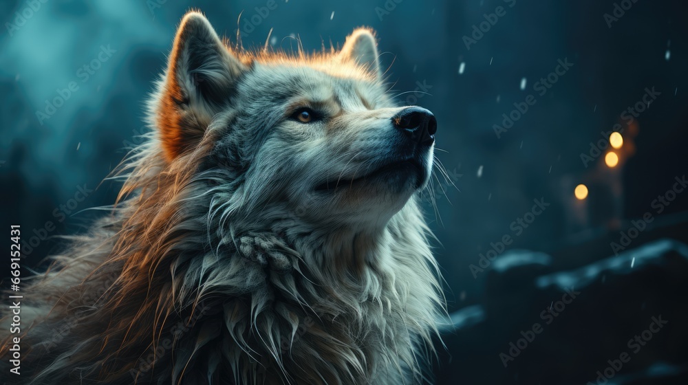 Poster a close up of a dog with wet fur on it's face and a blurry background with lights in the distance an