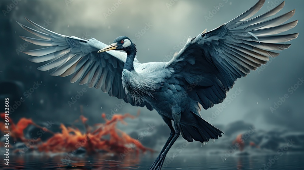Poster a bird that is standing in the water with it's wings spread out and it's wings spread out and it's w