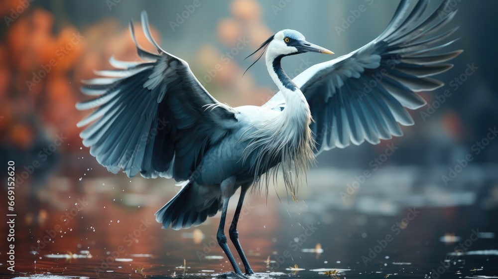 Poster a bird that is standing on a body of water with its wings spread out and it's wings spread out and i