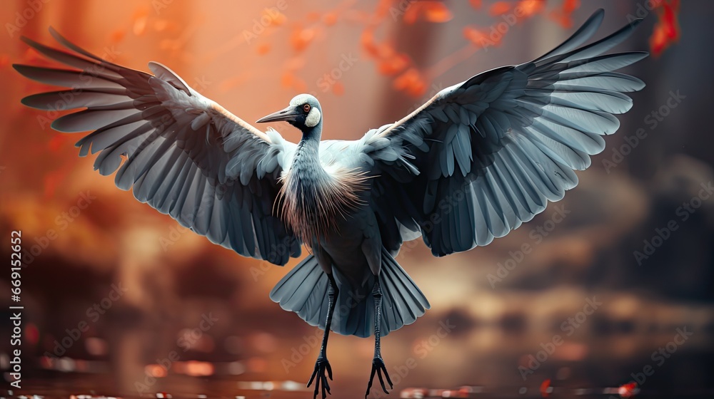 Poster a bird spreads its wings while standing on the edge of a body of water in front of a cityscape with 