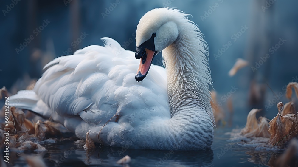 Aufkleber a close up of a swan on a body of water with reeds in the foreground and a blue sky in the backgroun