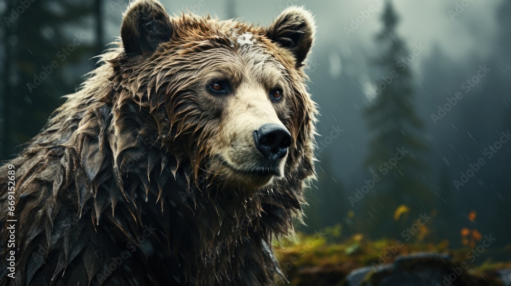 Poster a close up of a wet bear in a forest with trees in the background and rain falling down on it's head