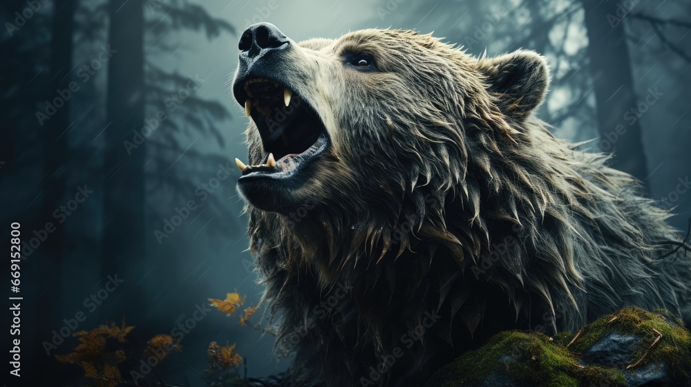 Poster a close up of a bear in a forest with its mouth open and it's mouth wide open with it's mouth wide o