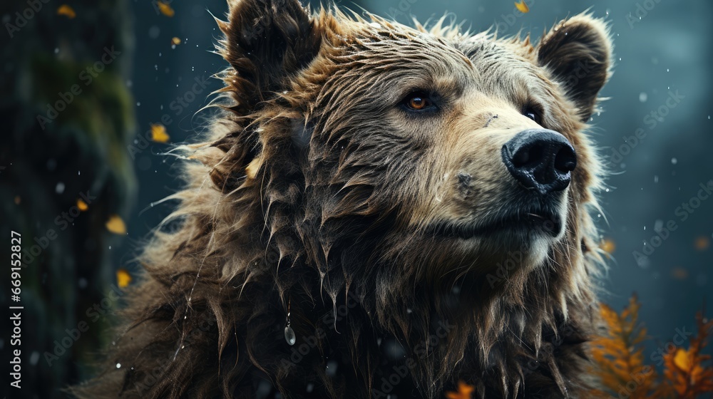 Poster a close up of a wet brown bear with leaves in the foreground and a tree in the background with snow 