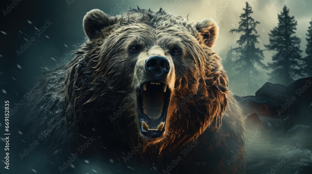 Poster a grizzly bear with its mouth open and mouth wide open in front of a dark forest with snow falling o