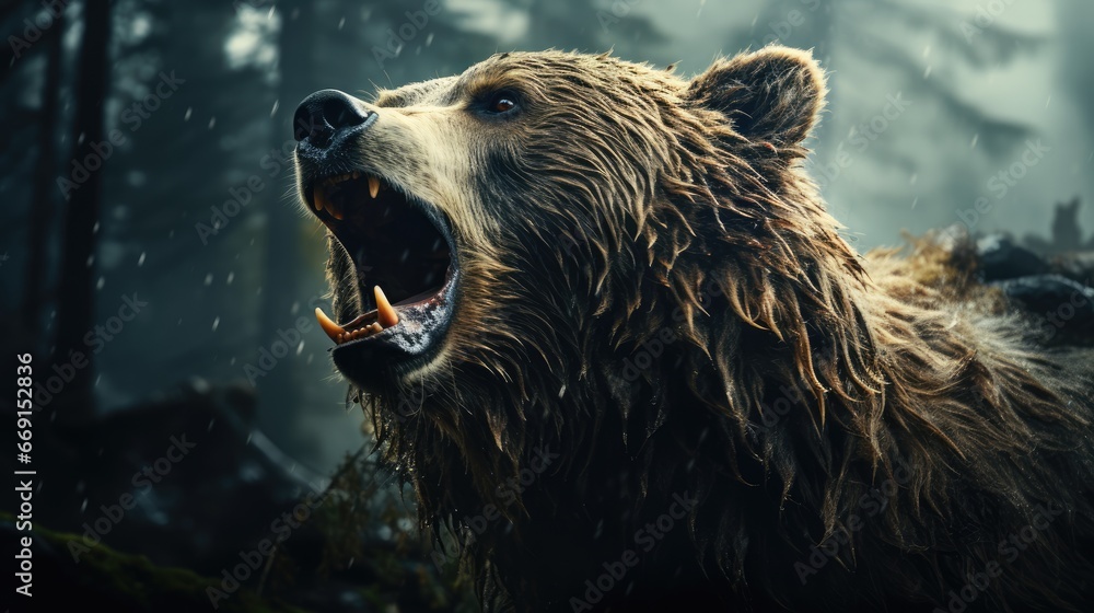 Poster a close up of a bear with it's mouth open and it's mouth wide open with it's mouth wide open and it'