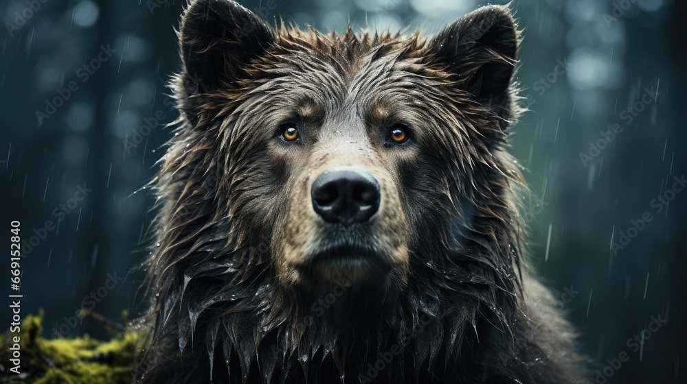 Poster a close up of a wet brown bear in a forest with rain falling down on it's face and it's eyes wide op