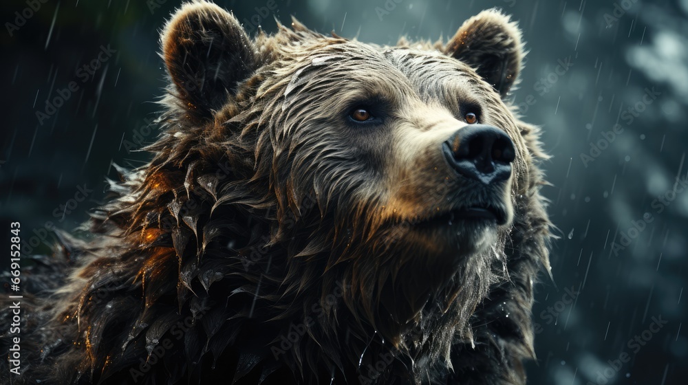 Poster a close up of a bear's face with rain falling down on it's face and trees in the backgrouds of the b