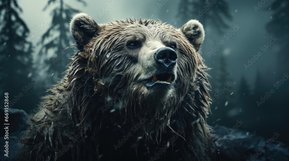 Poster a close up of a brown bear in a forest with snow on it's face and trees in the background with snow 