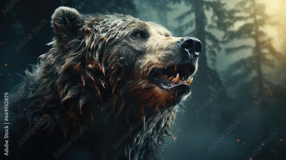 Poster a close up of a bear's face in front of a forest with lots of trees and a bright light coming from t