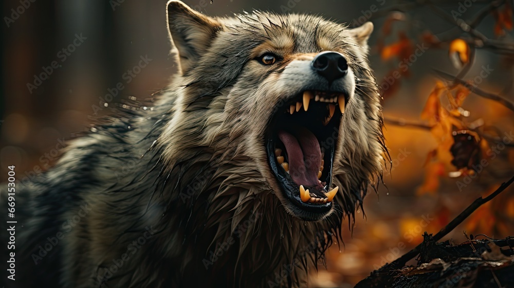 Poster  a wolf with it's mouth open and it's mouth wide open with it's mouth wide open and it's mouth wide open with it's teeth.  generative ai