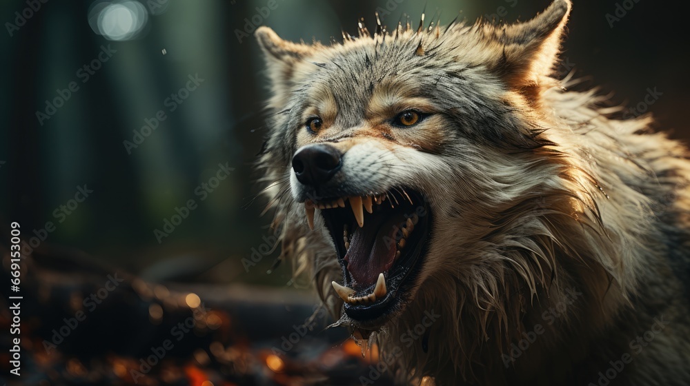 Poster  a wolf with it's mouth open and it's mouth wide open with it's mouth wide open and it's mouth wide open with it's teeth.  generative ai