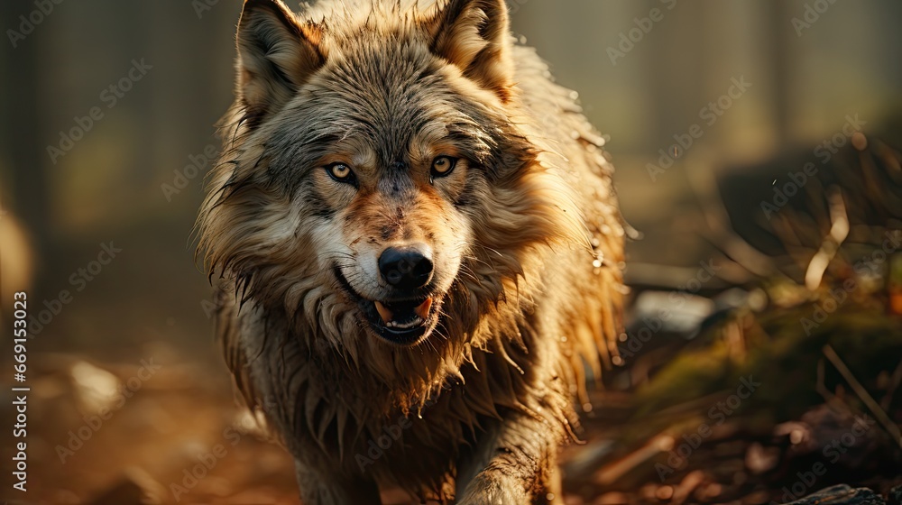 Poster  a close up of a wolf walking on a dirt ground with grass and trees in the background and a blurry image of the wolf's face is in the foreground.  generative ai