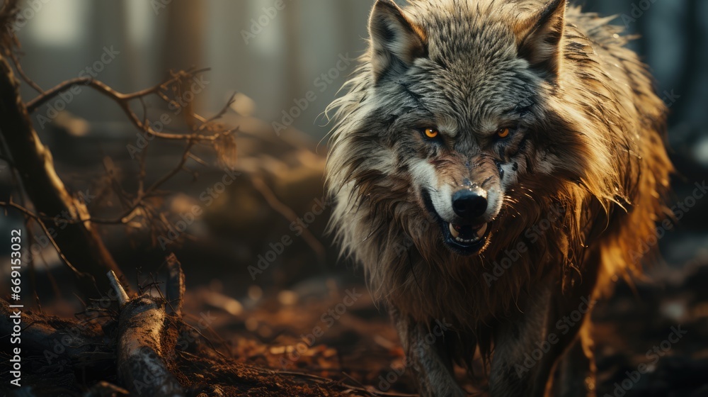 Poster a close up of a wolf walking through a forest with a dead tree in the foreground and a dead bird on 