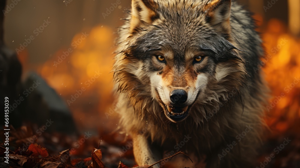 Poster a close up of a wolf on a field of leaves with a fire in the back ground in the background and a blu