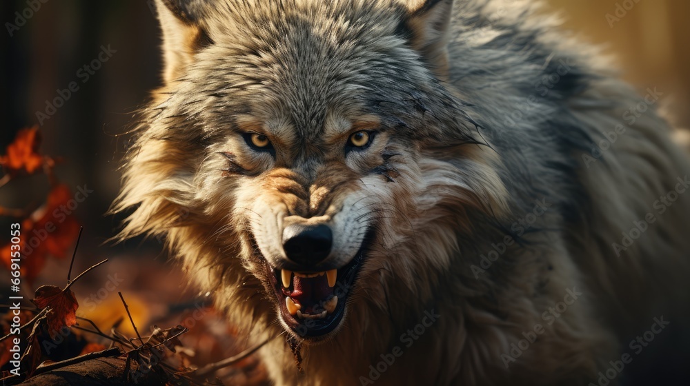 Poster a close up of a wolf with it's mouth open and it's mouth wide open with it's mouth wide open and it'