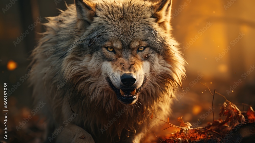 Poster a close up of a wolf in a forest with a light shining on it's face and a blurry background of leaves