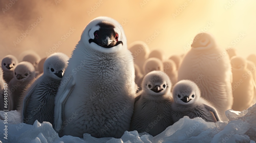 Poster a group of penguins standing next to each other on a pile of snow in front of a group of smaller one