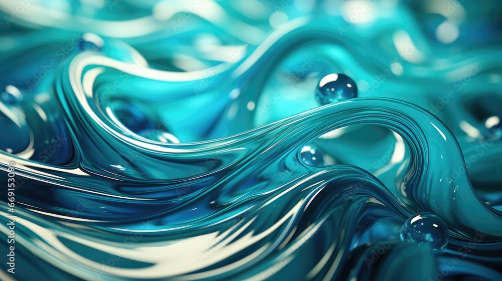 Poster a close up view of a blue and white swirly pattern on a glass surface with drops of water on the bot