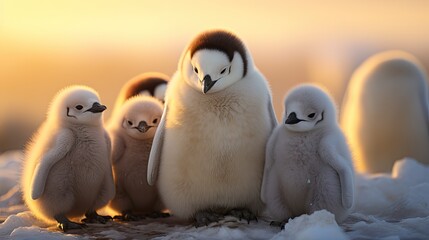  a group of little penguins standing next to each other on a bed of snow with the sun setting in the background and behind them, there is a baby penguin in the foreground.  generative ai - obrazy, fototapety, plakaty