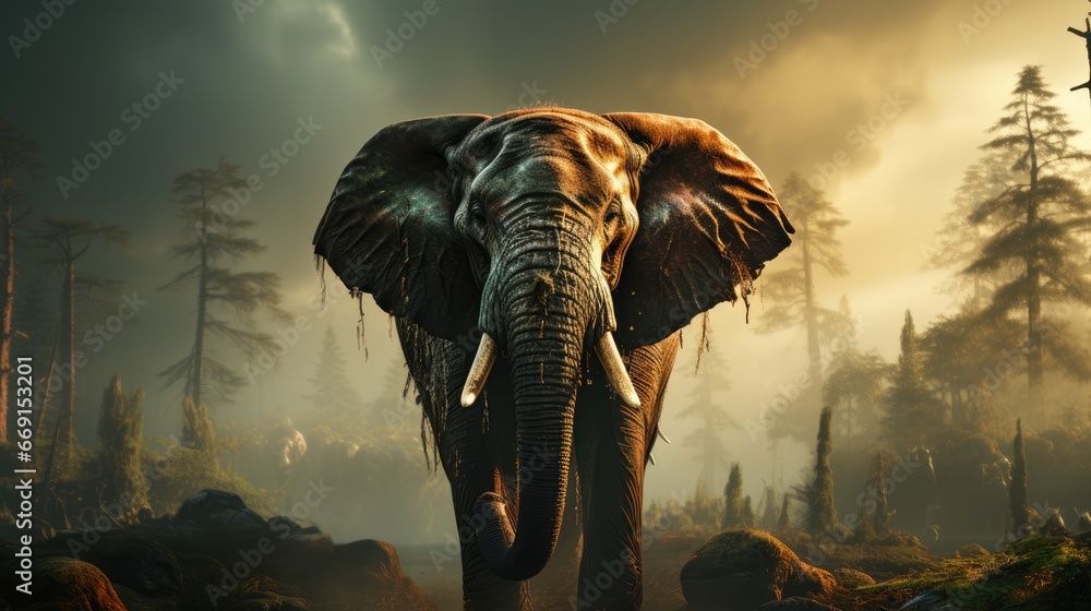 Poster an elephant with tusks standing in the middle of a forest with rocks and trees in the foreground and