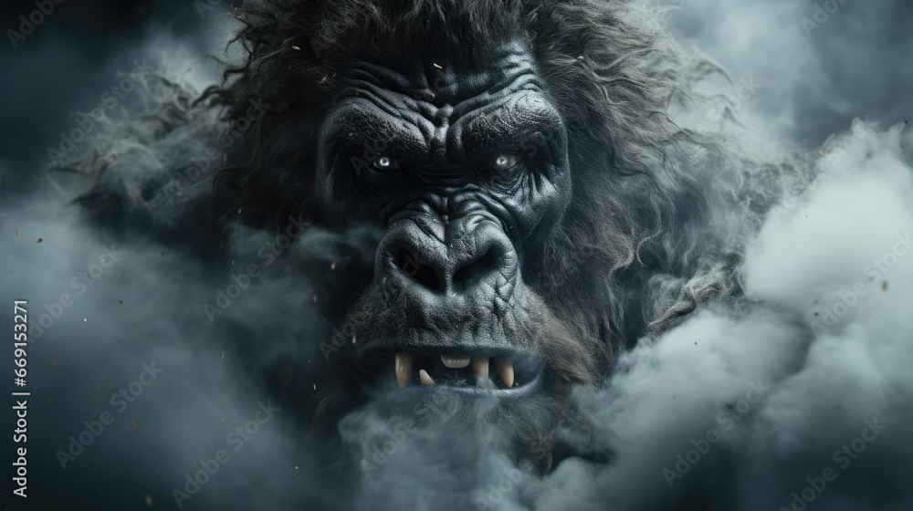 Poster a close up of a gorilla on a cloud of smoke with its mouth open and it's eyes wide open and it's mou