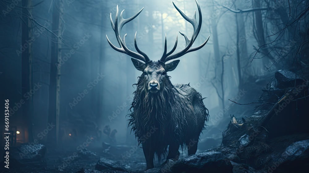 Poster a deer standing in the middle of a forest filled with lots of trees and rocks, with a light shining 