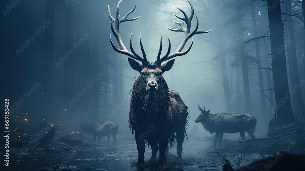Aufkleber a deer standing in the middle of a forest with antlers on it's head and two other deer in the backgr