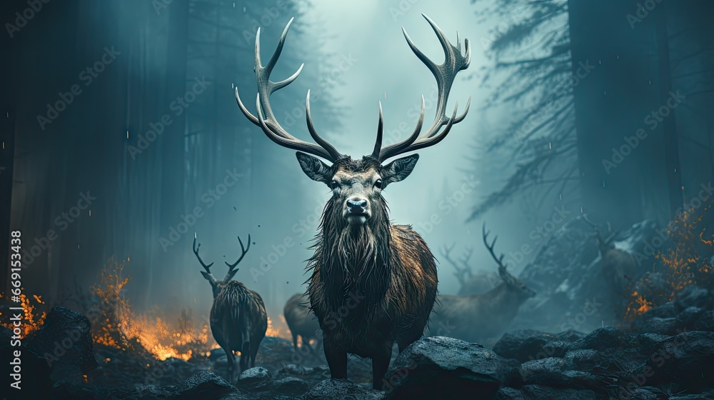 Aufkleber a couple of deer standing next to each other on a forest covered with rocks and trees in front of a 