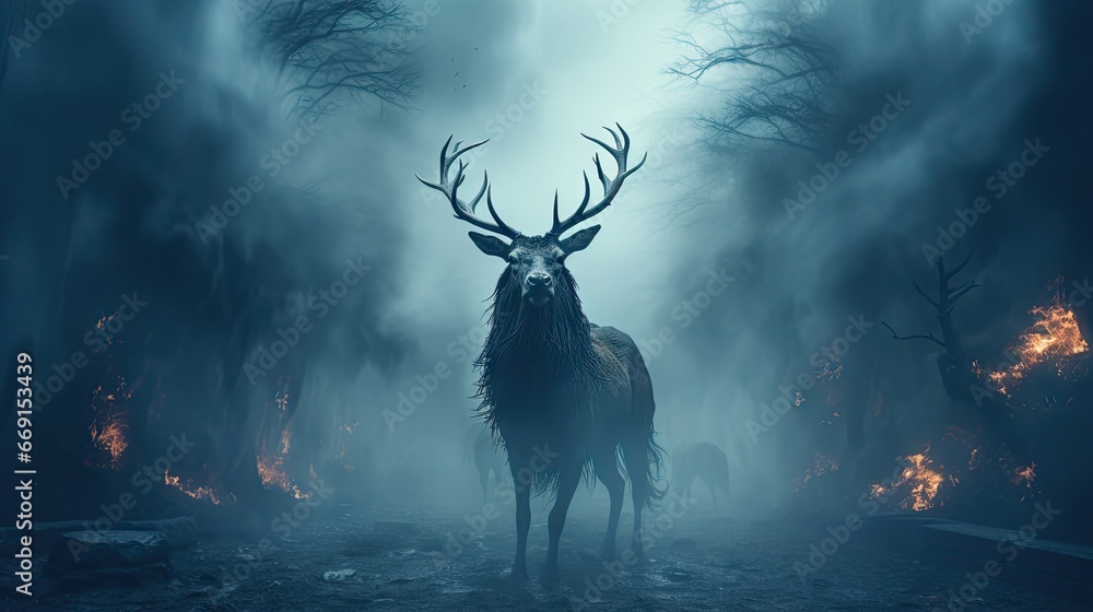 Aufkleber  a deer standing in the middle of a forest on a foggy day with lots of trees in the foreground and a lot of fire burning in the background.  generative ai