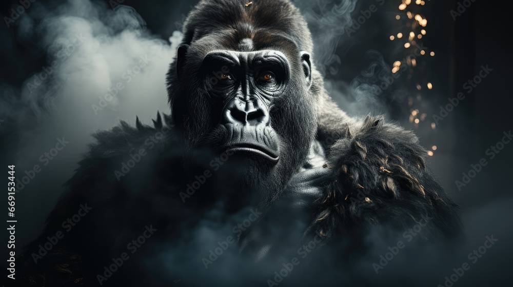 Aufkleber a gorilla is standing in the smoke with a city in the backgrouund and a building in the background t